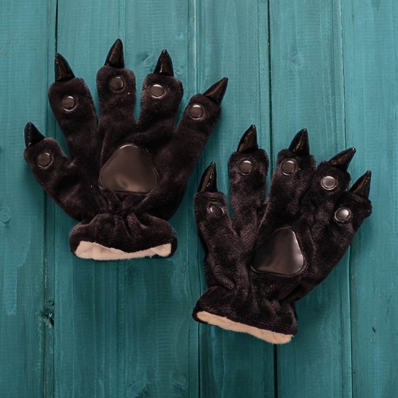 Unisex Black Onesies Animal Hands Paw Flannel Gloves