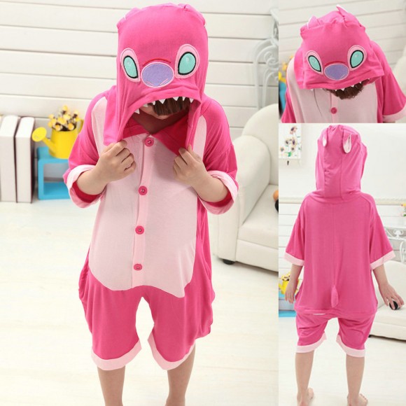 Kids Pink Stitch Animal Onesies Short Sleeves Pajamas