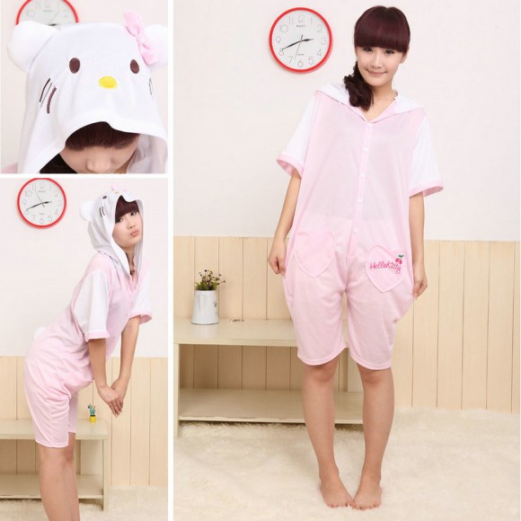 Pink HKT Cat Kigurumi Onesies Pajamas Animal Hoodie Short