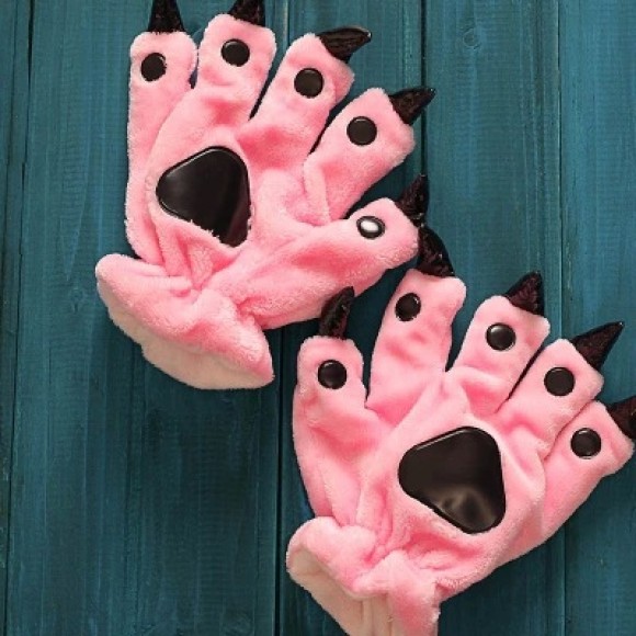 Unisex Pink Red Onesies Animal Hands Paw Flannel Gloves