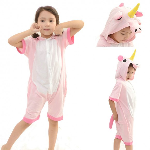 Animal kids Pink Unicorn Onesies Short Hooded Pajamas