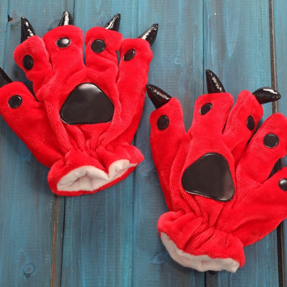 Unisex Red Onesies Animal Hands Paw Flannel Gloves