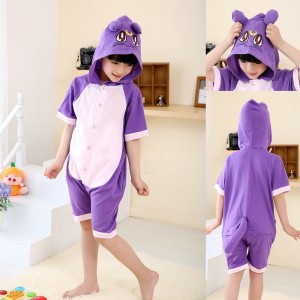 Cartoon Purple Cat Onesies Short Sleeves Pajamas for Kids