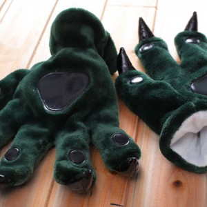 Unisex Dark Green Onesies Animal Hands Paw Flannel Gloves
