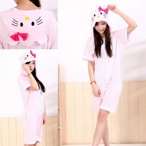 Pink KT Cat Kigurumi Summer Onesies Pajamas Animal Hoodie Short Sleeve